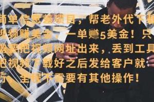 零门槛挣美金，海外视频代下服务，单笔收益40+，小白也能轻松上手