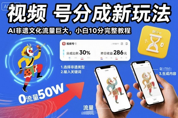视频号分成新玩法，AI非遗文化流量巨大，小白10分钟搞定，完整教程